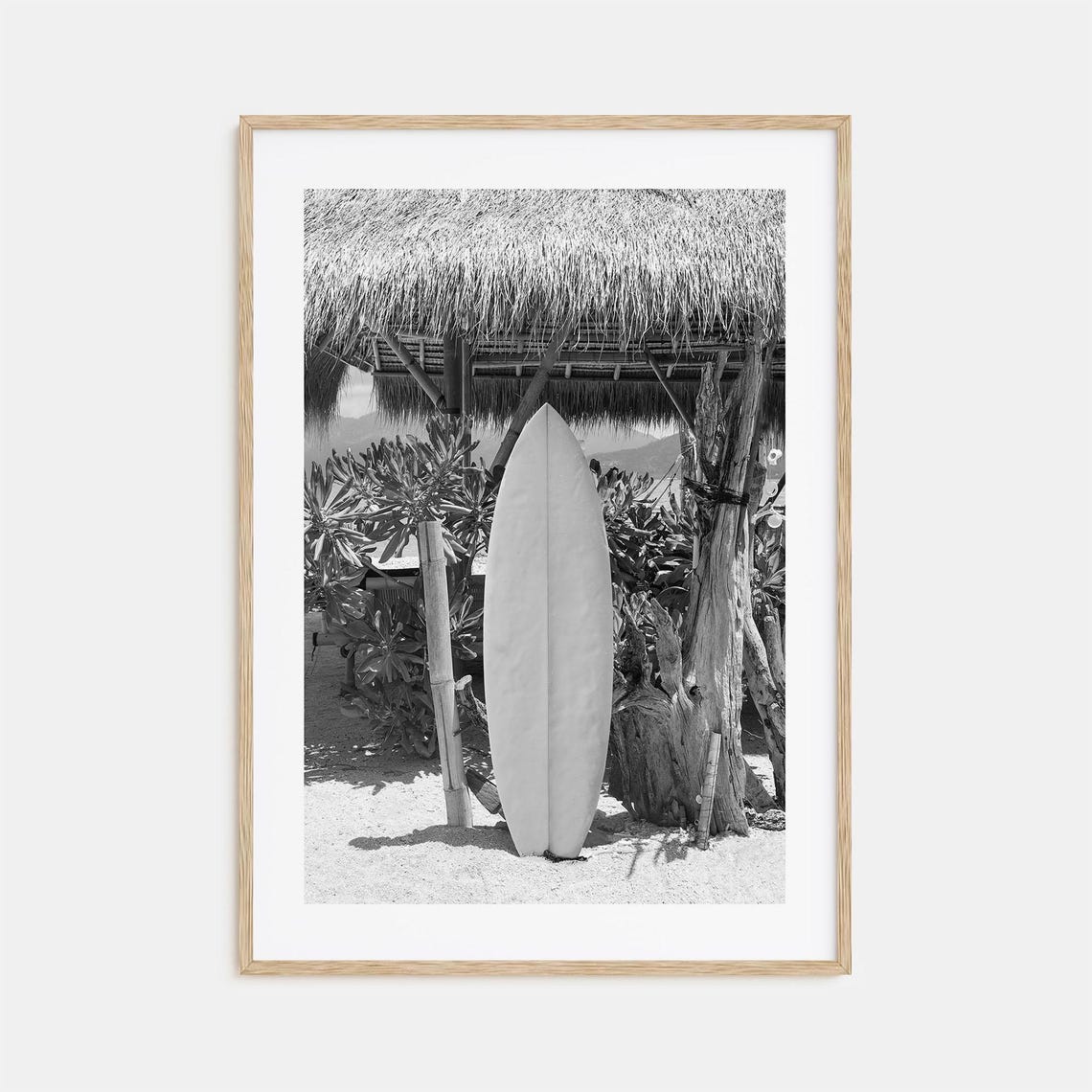 Surfboard Standing Under Thatched Beach Hut Tropical Photo Poster