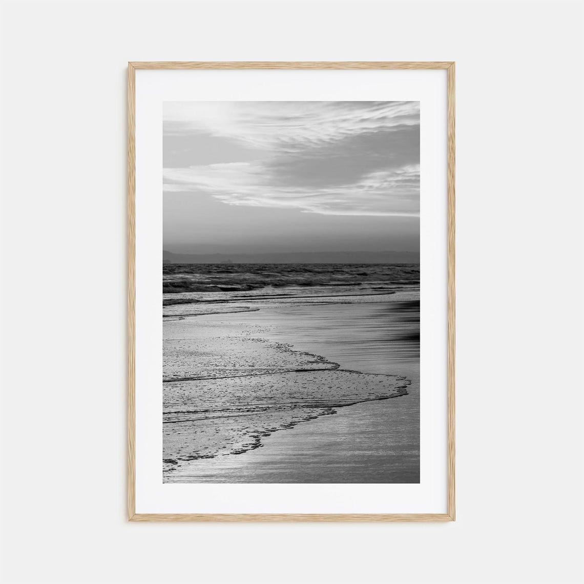 Serene Beach Shoreline at Sunset Black and White Photo Poster