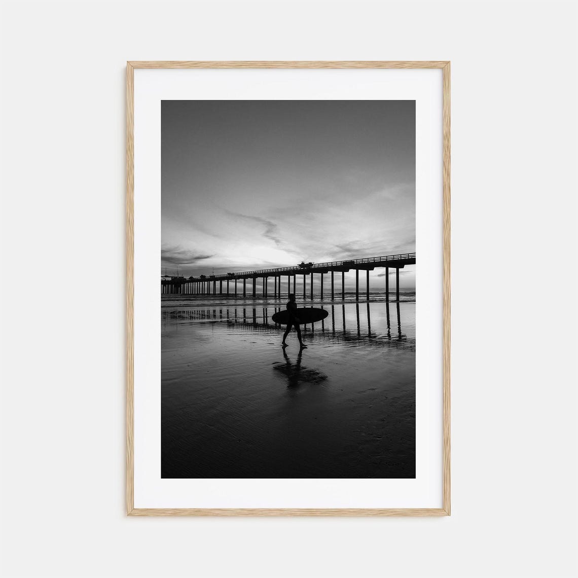Carlsbad Surfer With Board At Sunset Long Pier Black White Poster