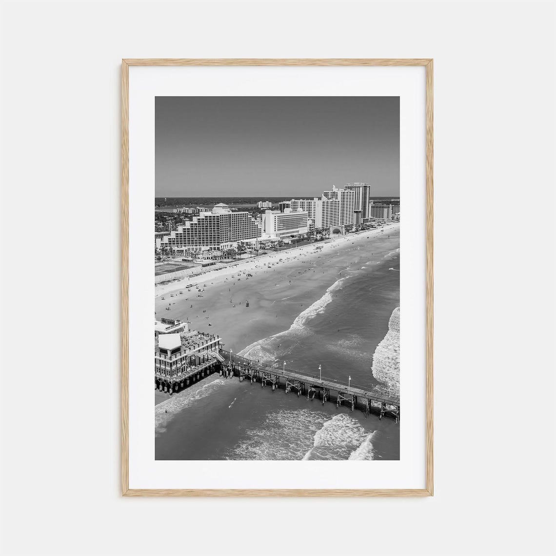 Aerial Beach Pier Hotels Ocean Shoreline View Black White Poster