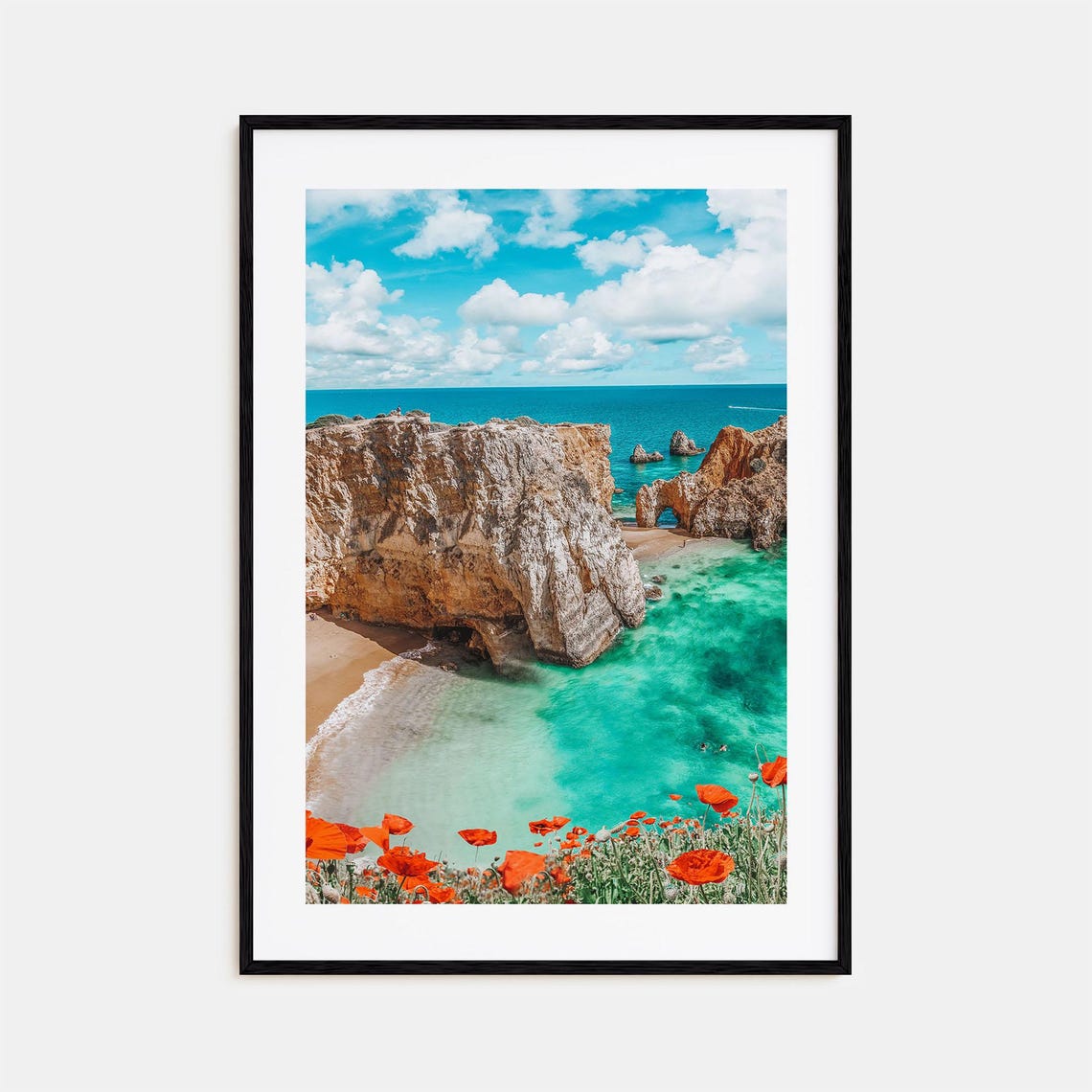 Dramatic Sea Cliff Arch with Red Poppies Turquoise Ocean Poster