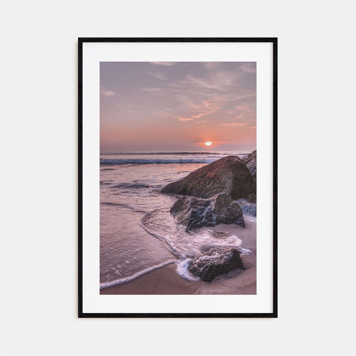 Virginia Beach Sunset Waves Rocks Pastel Pink Sky Ocean Photo Poster