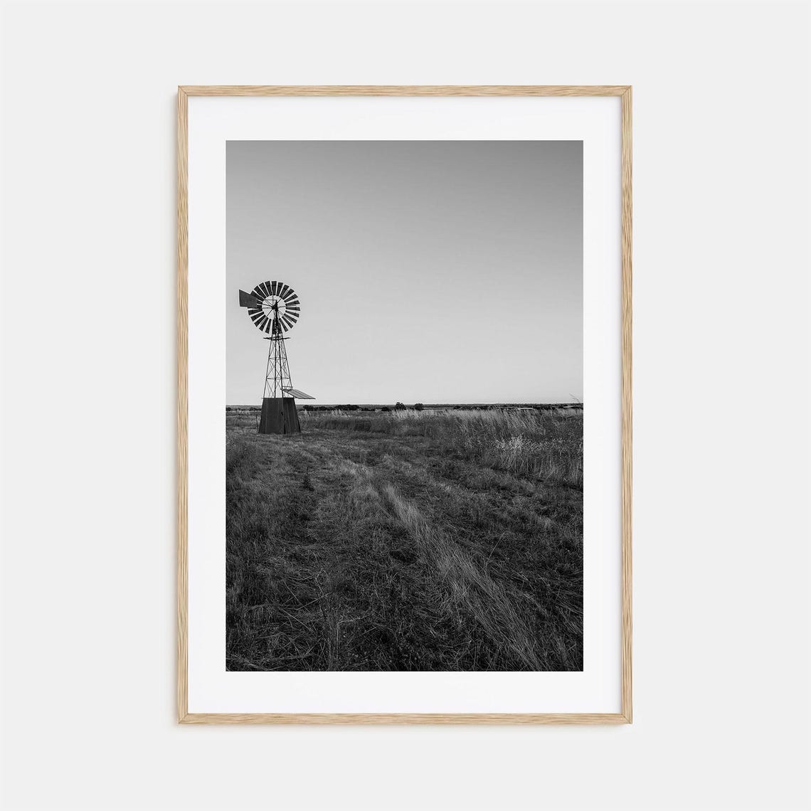 Lone Windmill Open Field Black White Rural Farm Landscape Poster