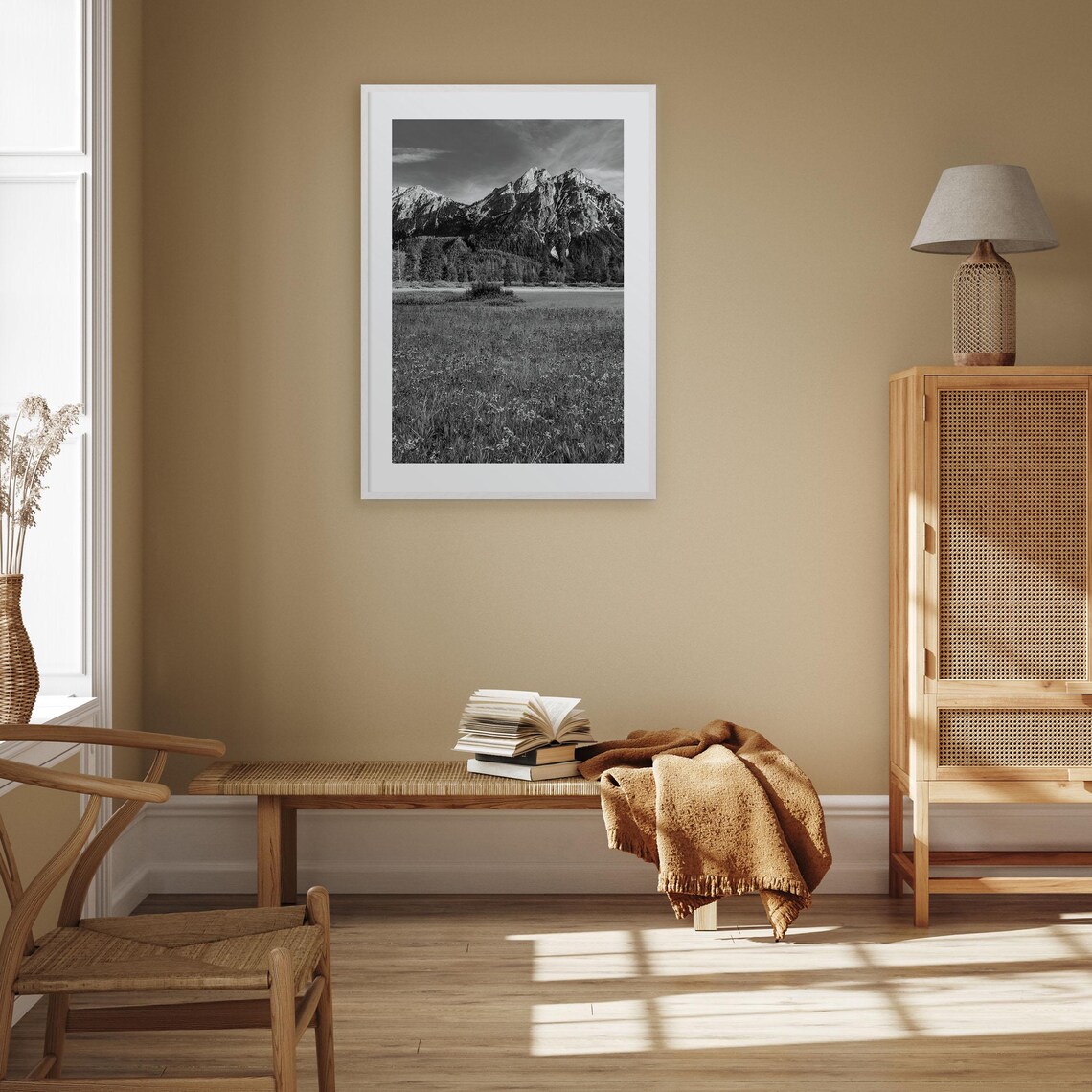 Idaho Jagged Mountain Peak Wildflower Meadow Black and White Poster - Image 3