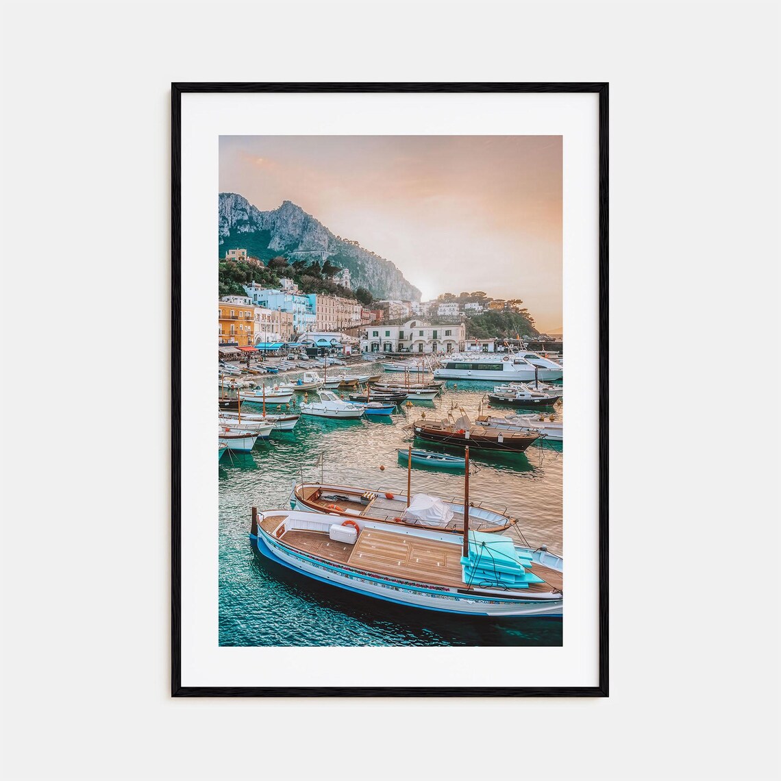 Capri Italy Harbor Boats Cliffside Village Sunset Travel Photo Poster