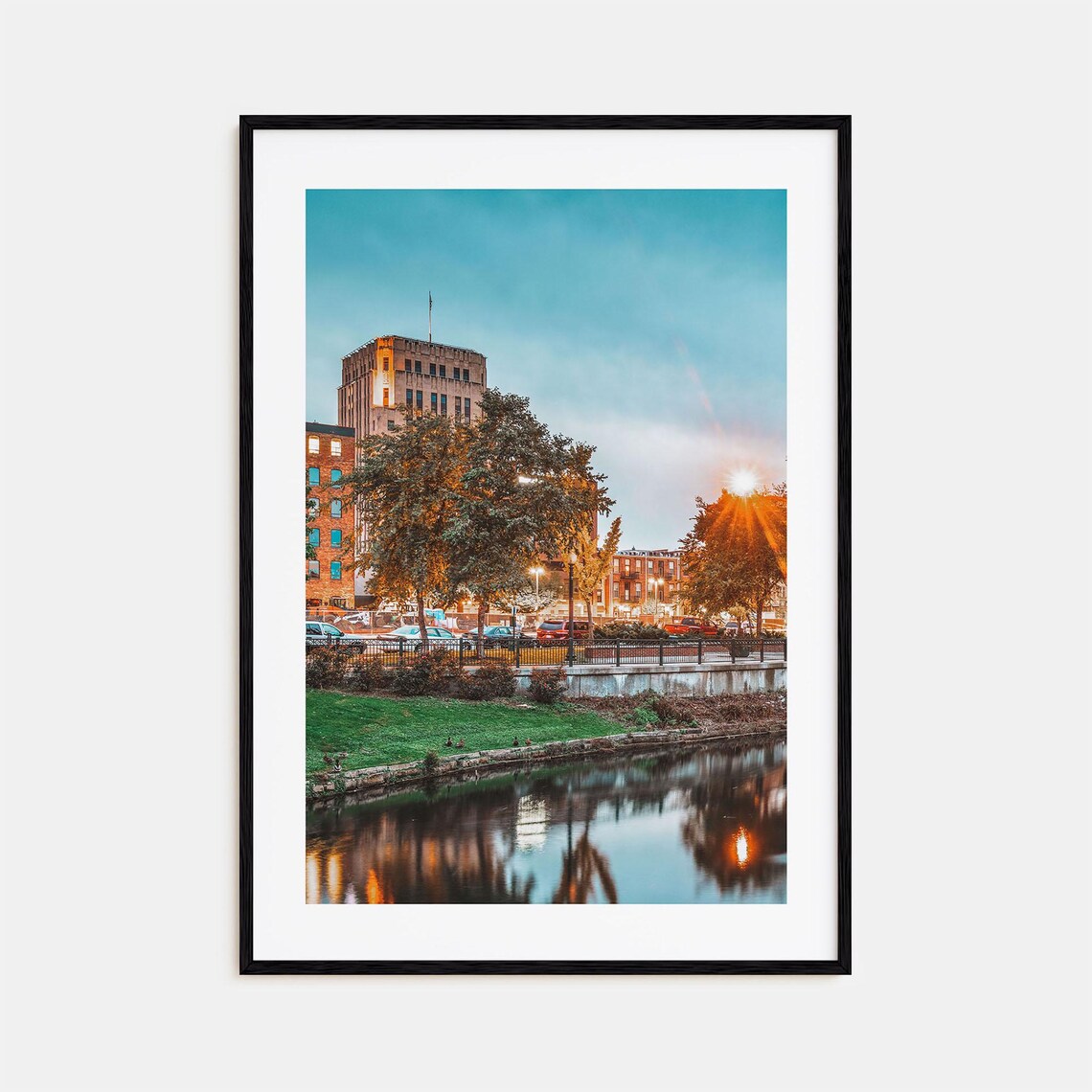 Downtown River Sunset Golden Light City Street Scene Art Print