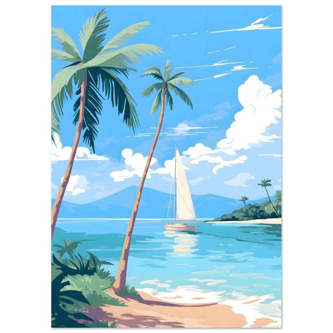 Tropical Beach Sailboat Palm Trees Travel Art Wall Decor Poster - Image 2