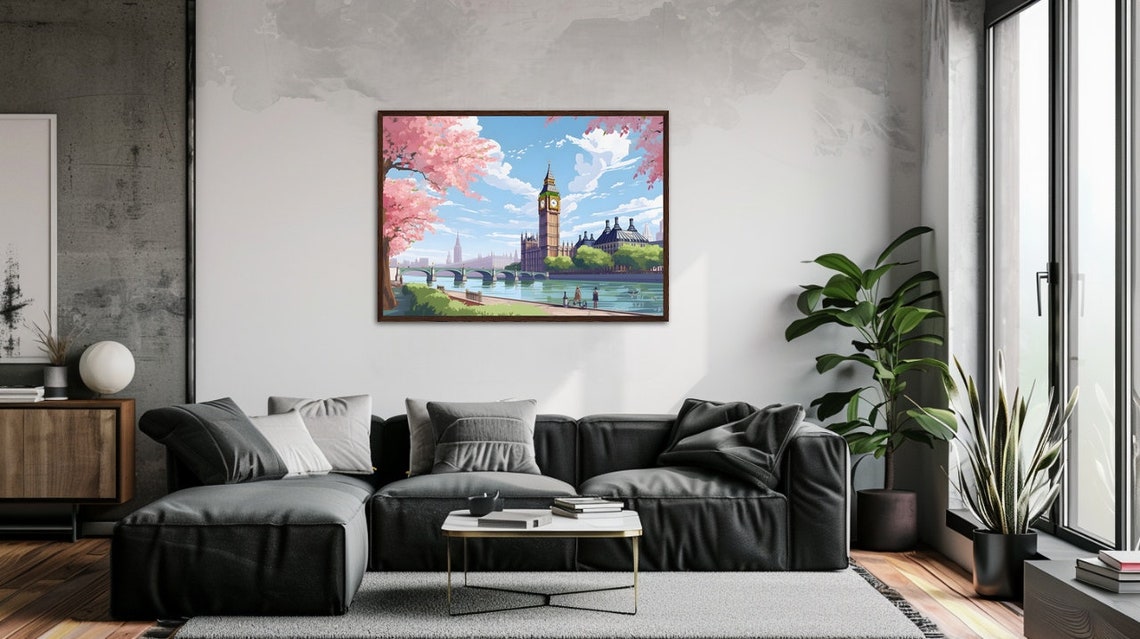 Premium Poster Big Ben And London Landscape Format Cherry Tree Unframed Blue And Pink Poster With England Theme In Light Line Drawing - Image 2