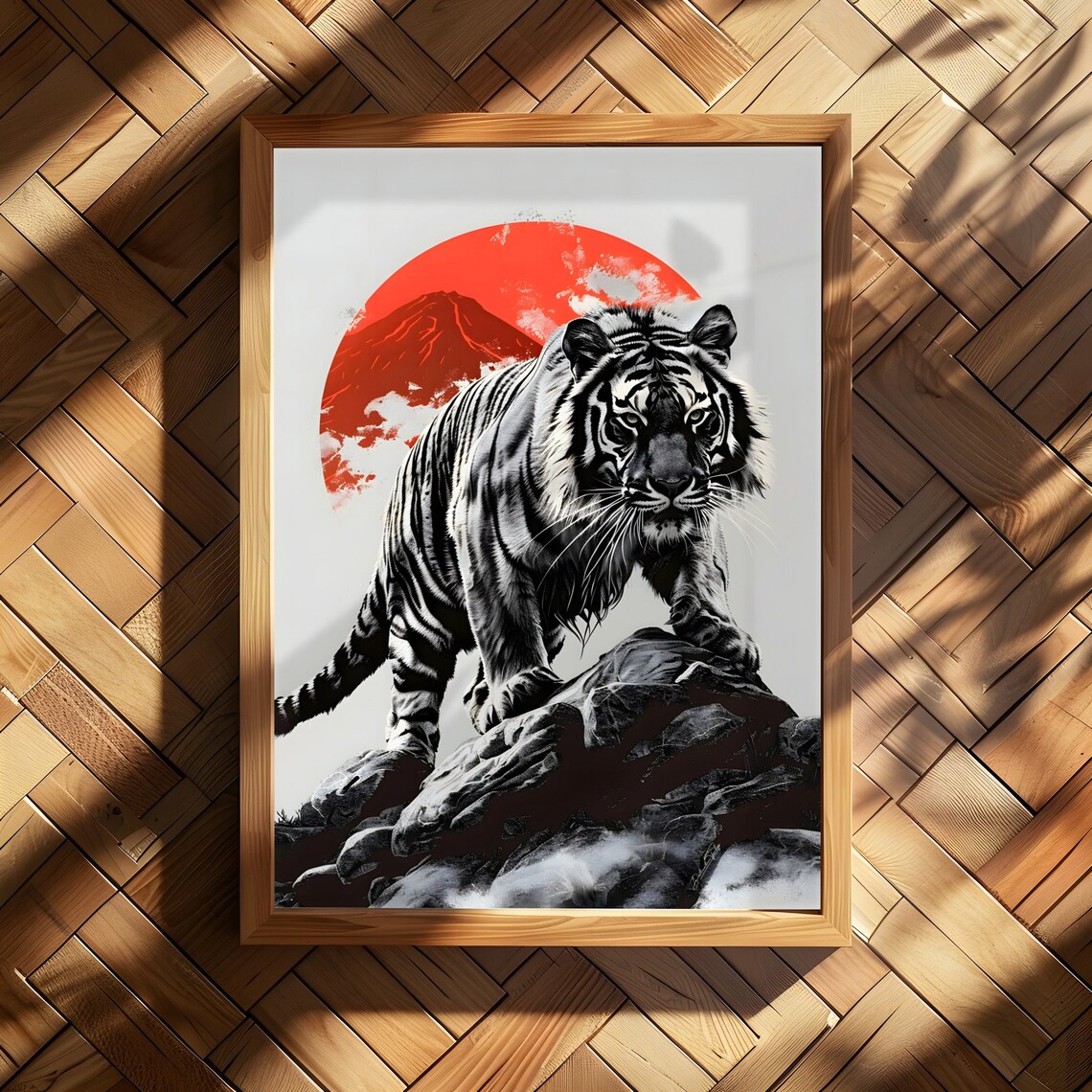 Black and White Tiger Poster, Japan and Mount Fuji