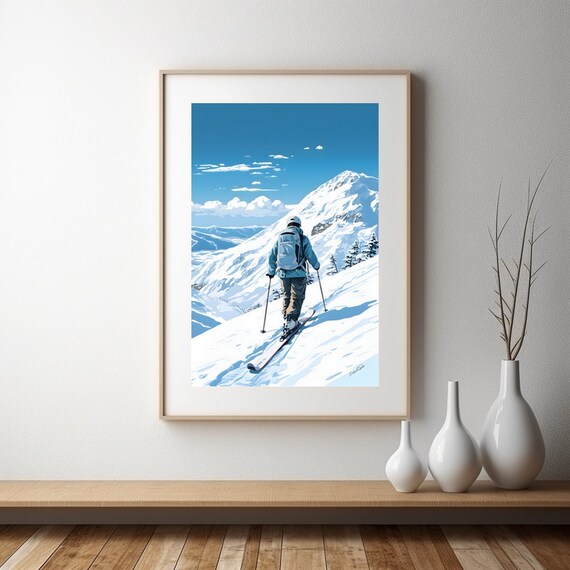 Alpine Skier Powder Slopes Blue Mountain Sports Wall Decor Poster