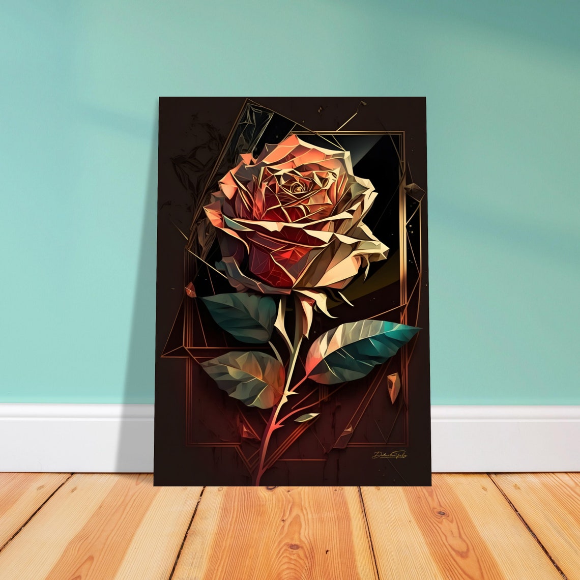 Geometric Rose Flower Dark Botanical Modern Floral Art Poster
