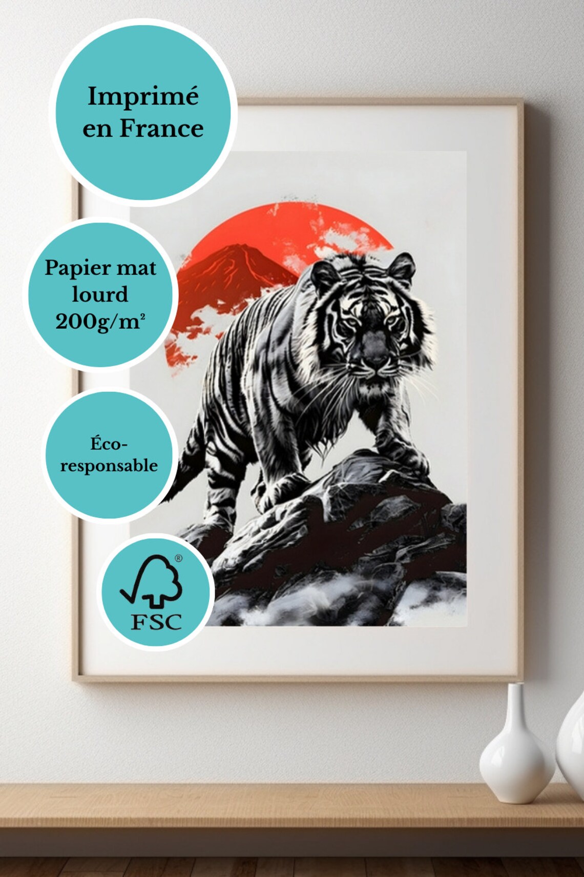 Black and White Tiger Poster, Japan and Mount Fuji - Image 4