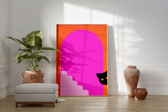 Peeking Black Cat Behind Pink Arch Bold Abstract Decor Art Poster