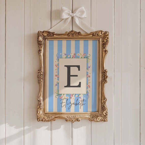 Personalized Initial Wall Art Pastel Striped Nursery Print Custom Letter Baby Name Floral Monogram