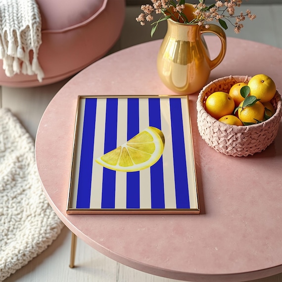 Bold Blue Striped Lemon Slice Citrus Kitchen Summer Fruit Print