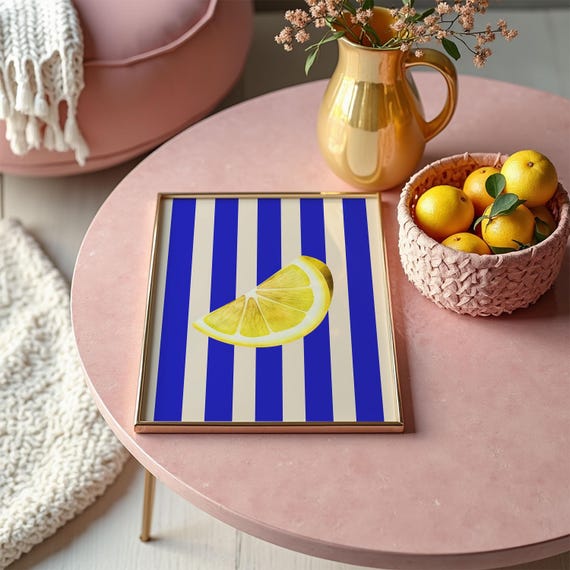 Lemon Wall Art Blue Striped Background Kitchen Decor Modern Fruit Poster Citrus Print Summer Gift For Home