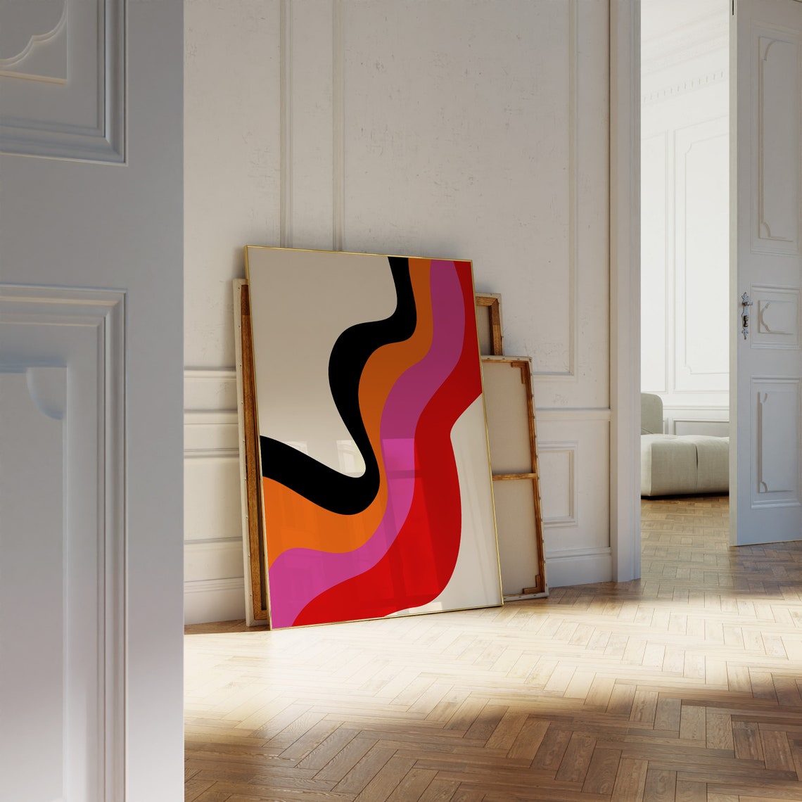 Bold Wavy Stripes Abstract Black Orange Pink Modern Retro Art Poster
