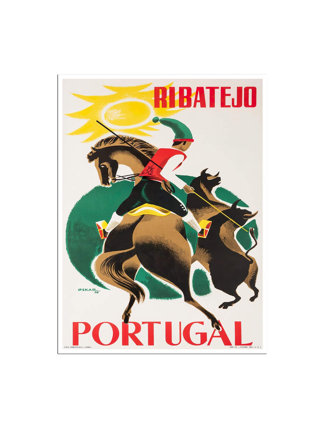 Ribatejo Portugal Vintage Horseman Bull Herding Travel Poster
