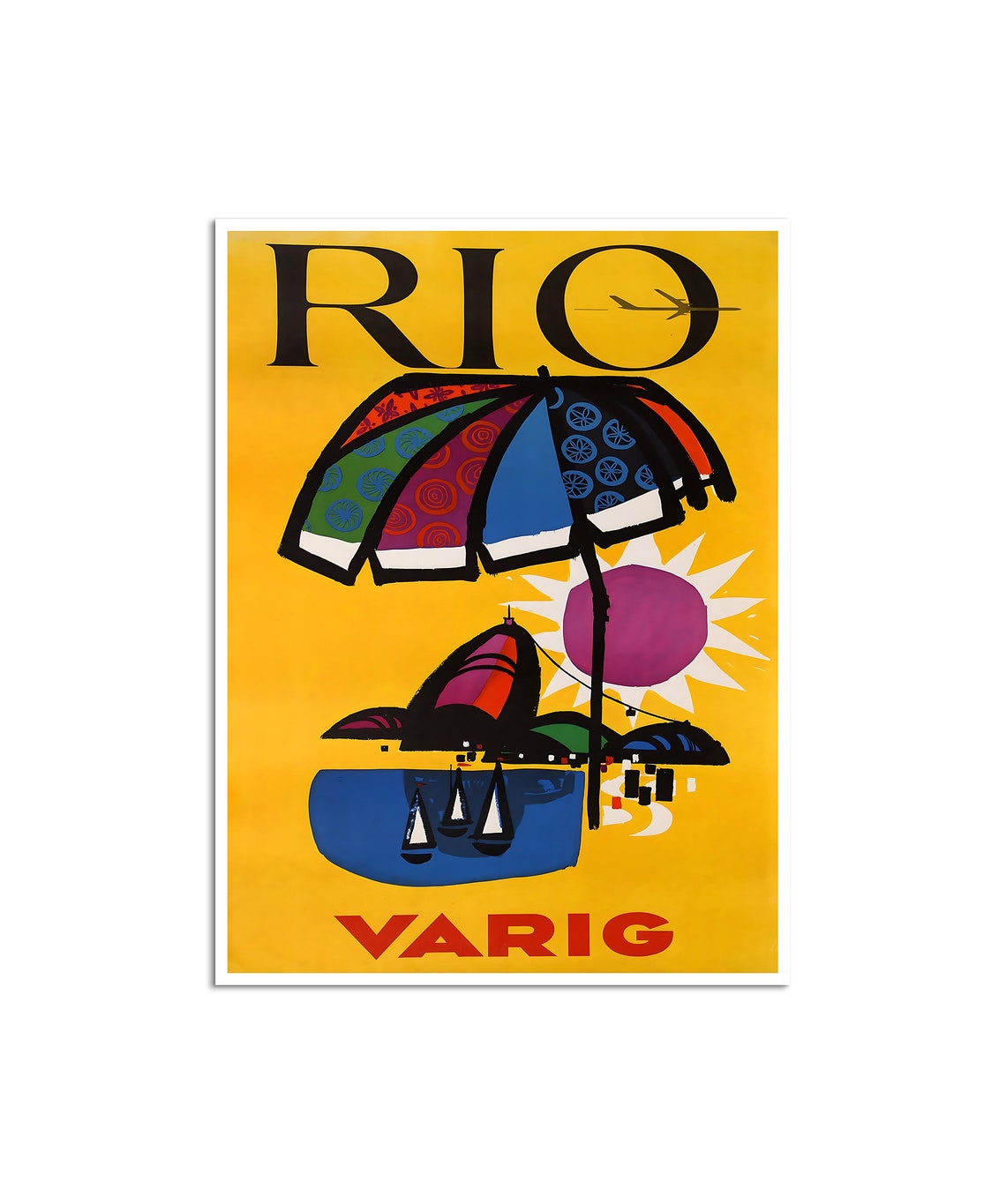 Rio de Janeiro Vintage Beach Umbrella Sun Varig Airline Travel Poster