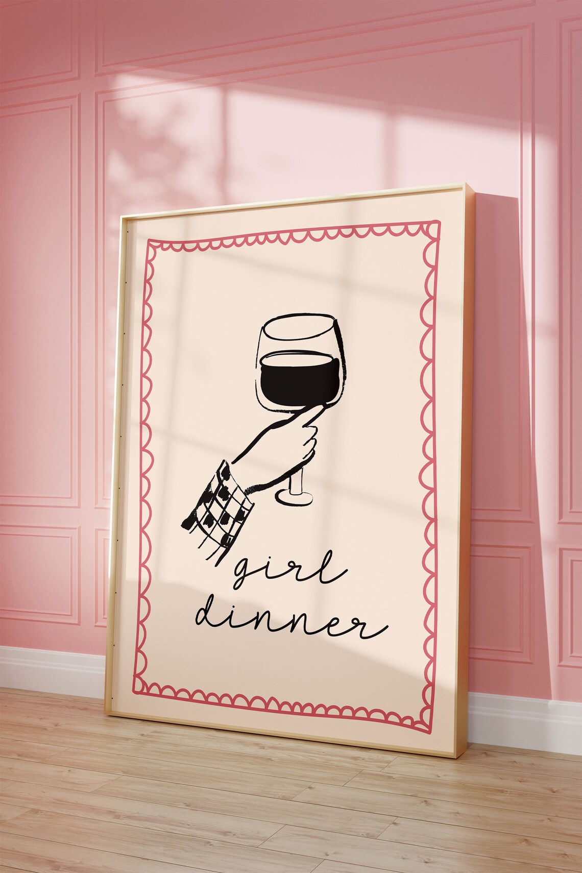 Girl Dinner Wine Glass Hand Drawn Pink Border Kitchen Wall Poster