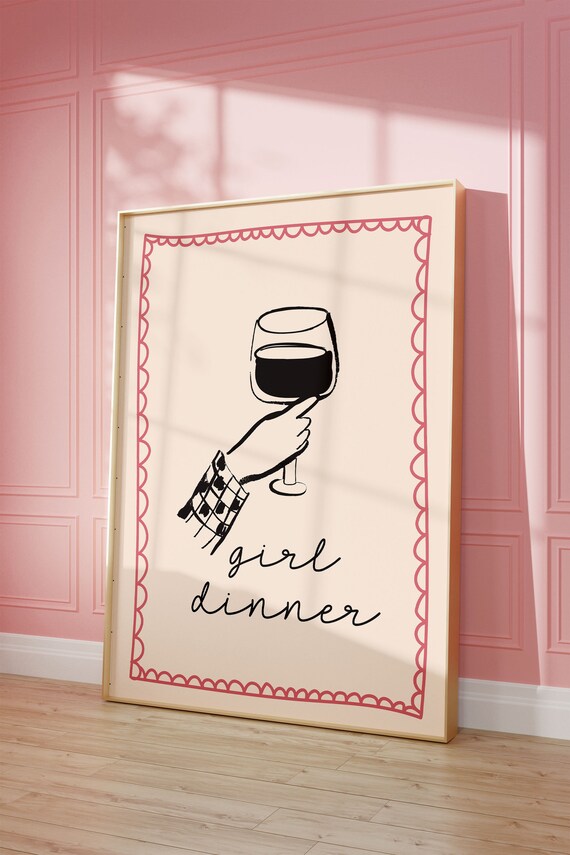 Girl Dinner Wine Glass Hand Drawn Pink Border Kitchen Wall Poster