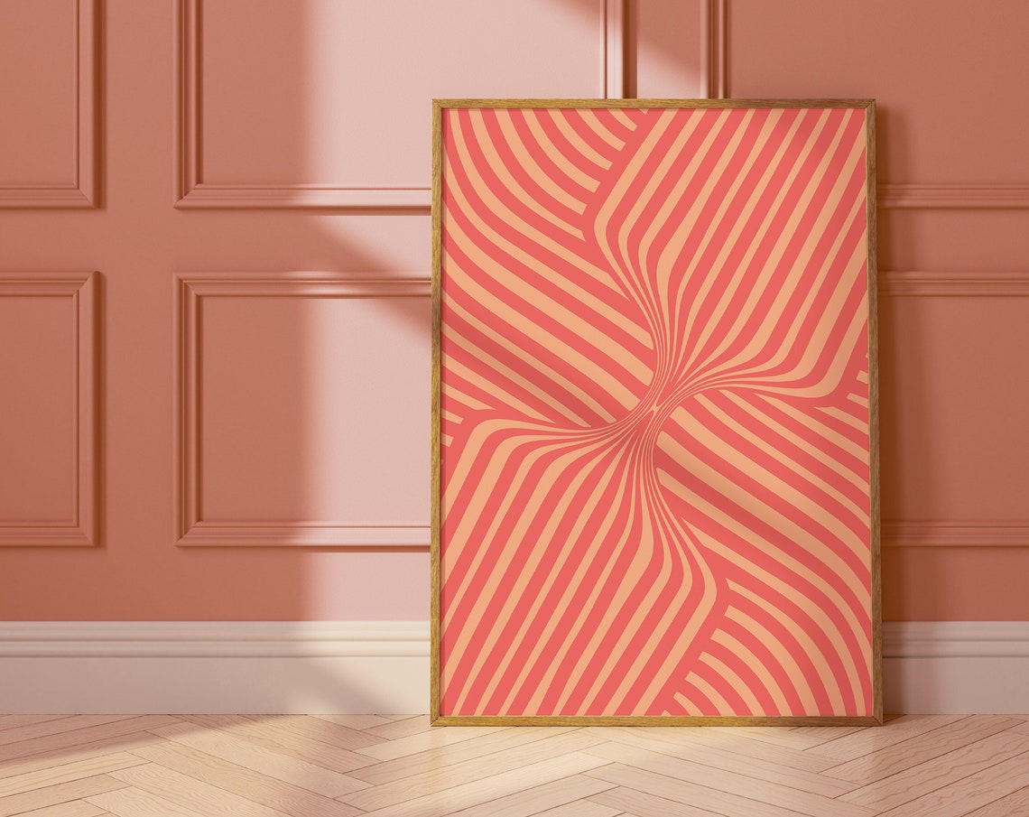 Coral Pink Optical Wave Lines Retro Groovy Minimalist Art Poster