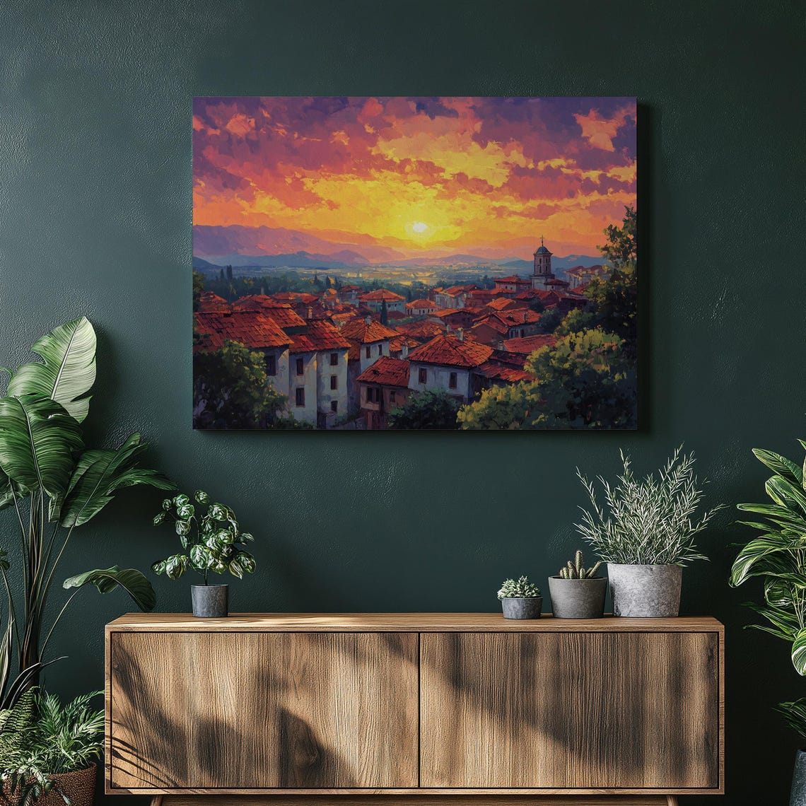 Mediterranean Hillside Village Sunset Over Red Rooftop Houses Poster