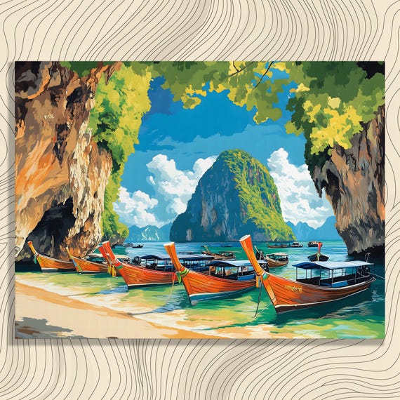 Tropical Seascape Canvas Wall Art Colorful Impressionist Ocean Boats Cliffs Nature Painting Print Decor Gift For Travelers