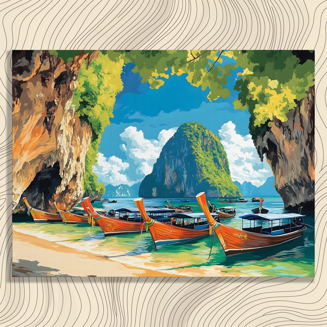 Vibrant Thai Longtail Boats Limestone Cliffs Turquoise Poster