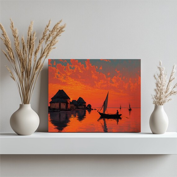 Tropical Sunset Sailboat Silhouette Ocean Reflection Orange Poster