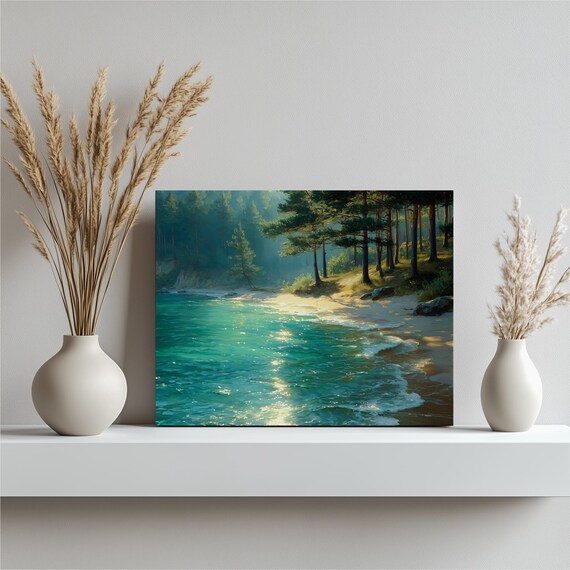 Sunlit Coastal Pine Beach Print Turquoise Ocean Shoreline Scene