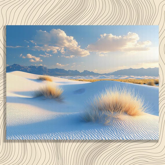 New Mexico Desert Canvas Wall Art White Sands Dunes Landscape With Blue Sky Clouds And Mountains Serene Sand Ripples Southwest Decor
