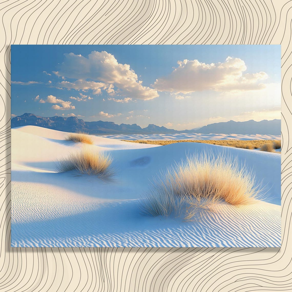 White Sands Desert Dunes Golden Grass Mountains Blue Sky Print