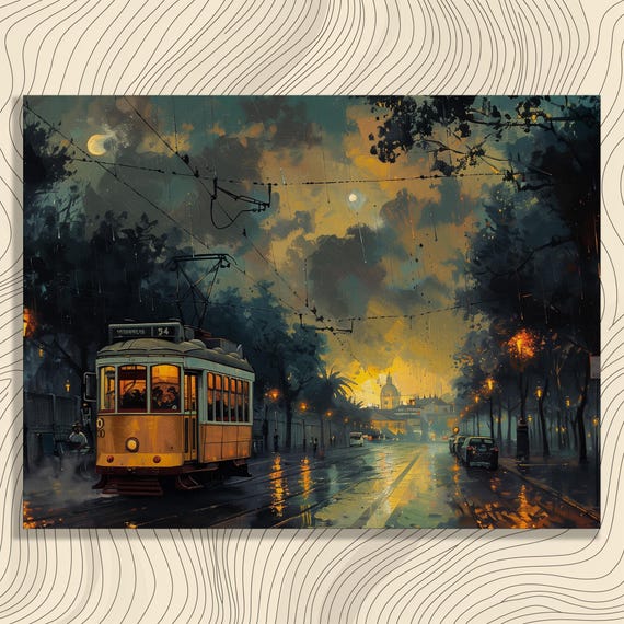 Portugal Canvas Wall Art Nostalgic Lisbon Painting Historic Tram Posters Fado Music Illustration High Resolution Artwork Entrance Decor