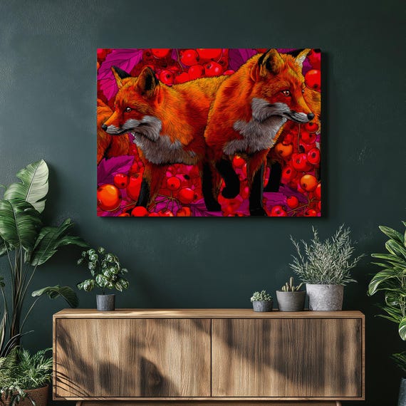 Vibrant Red Fox Canvas Wall Art Colorful Wildlife Animal Decor Print Modern Forest Berries Leaves Illustration Nature