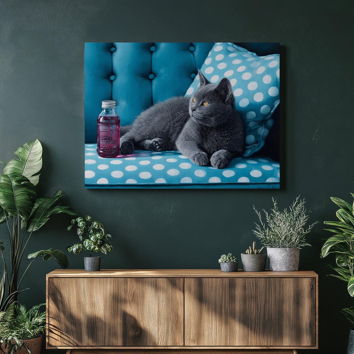 Grey Kitten Lounging on a Polka Dot Sofa Modern Pet Portrait Poster