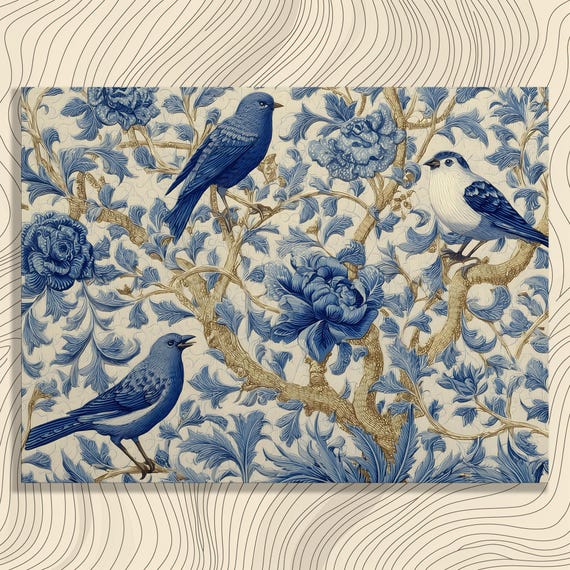 Blue Birds Canvas Wall Art Vintage Floral Pattern Botanical Decor Nature Lover Gift Ornamental Garden Print Bird Illustration Poster