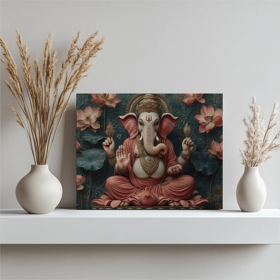 Lord Ganesha Pink Lotus Blossom Spiritual Elephant Deity Poster