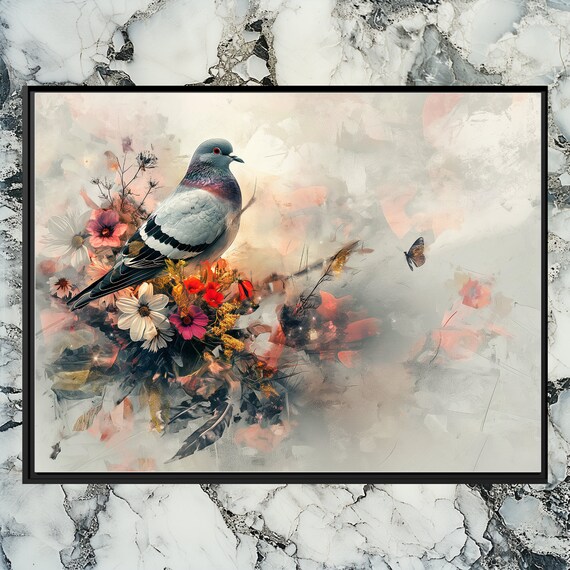 Beautiful Pigeon Canvas Wall Art Oil Texture Painting With Wildflowers And Feathers Large Abstract Colorful Decor For Home Or