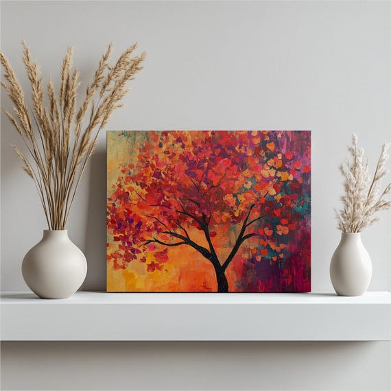 Fiery Autumn Tree Red Orange Leaves Thick Impasto Canvas Wall Art