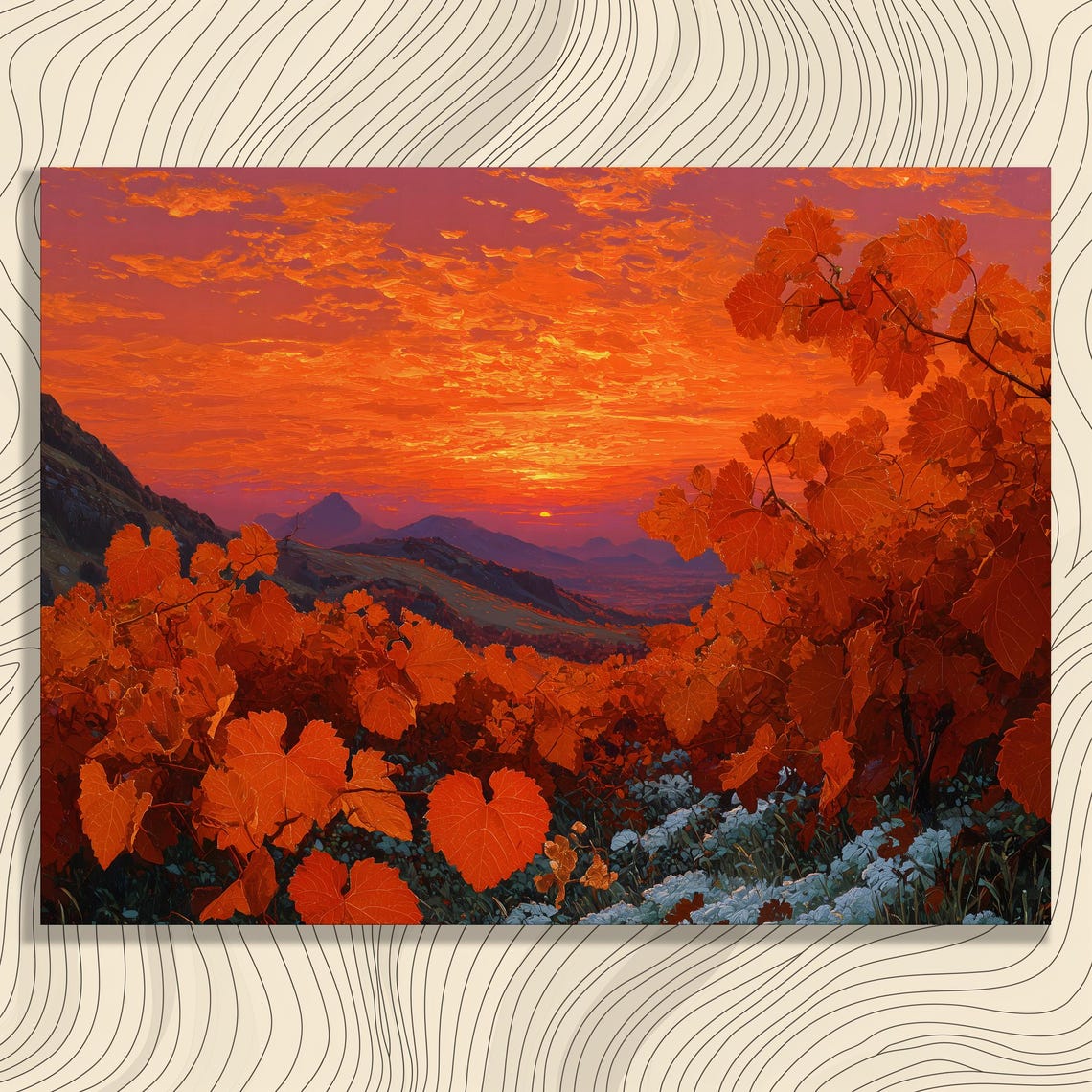 Autumn Vineyard Sunset Fiery Red Foliage Mountain Landscape Art Poster