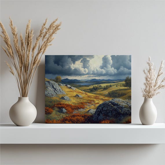 Serene Autumn Landscape Art Canvas Rustic Nature Wall Decor For Living Room Bedroom Danish Scenic View With Hills Rocks Clouds