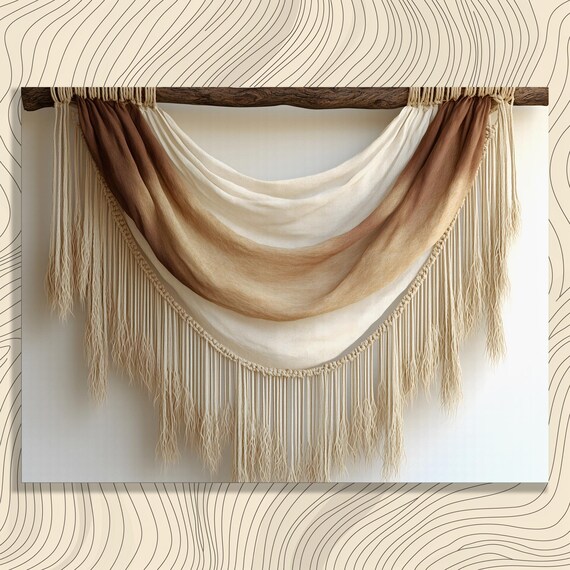 Macrame Wall Hanging Canvas Art Boho Neutral Fringe Tapestry Print Rustic Fiber Decor Wood Branch Minimalist Tones Textile