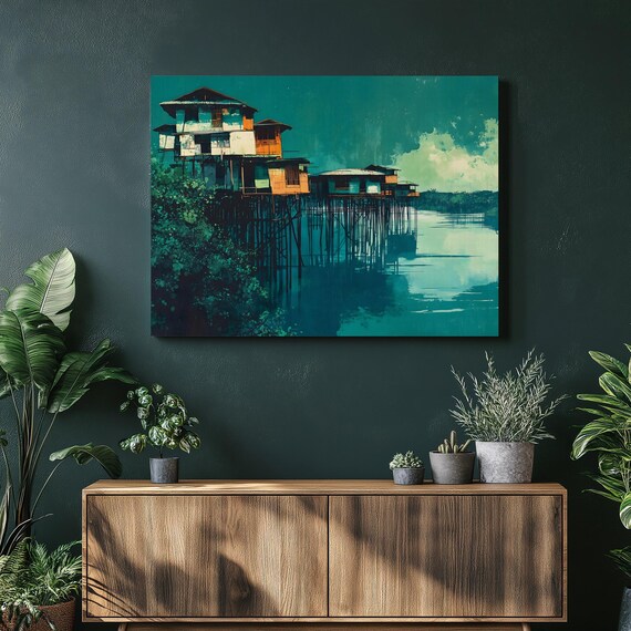 Teal Mangrove Stilt Village Bangladesh Water Reflection Landscape Poster