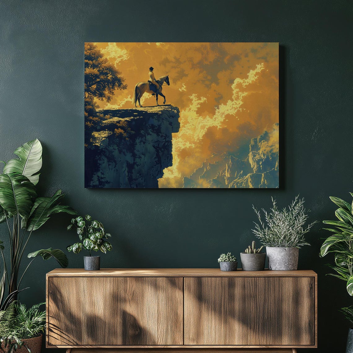 Horse Rider On Cliff Edge Overlooking Golden Clouds Sunset Poster