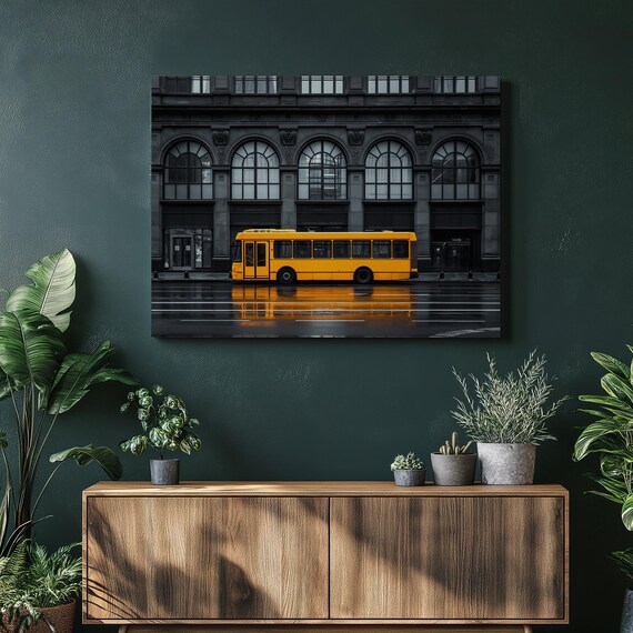 Yellow Bus City Street Black and White Selective Color Urban Poster