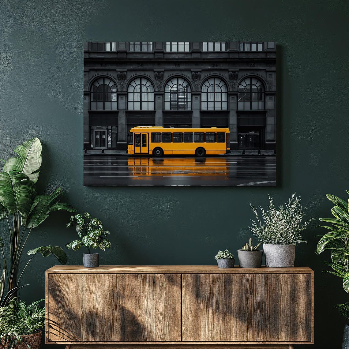 Yellow Bus City Street Black and White Selective Color Urban Poster