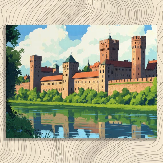 Medieval Castle Canvas Wall Art Classic Landscape River Reflection Print Painting Nature Decor Gift For Enthusiasts And Collectors