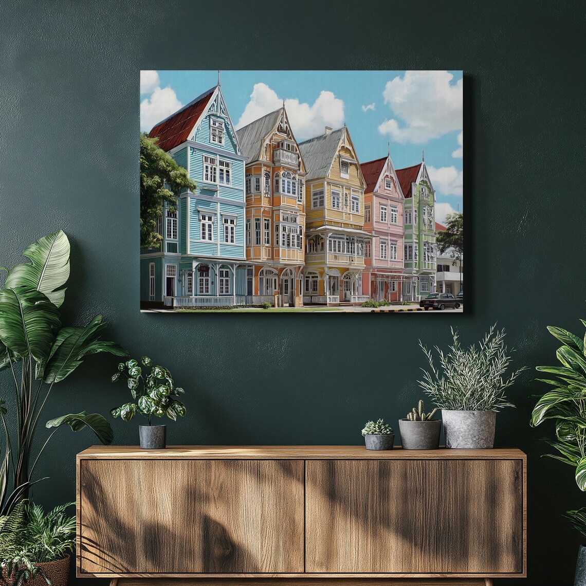 Colorful Victorian Row Houses Pastel City Street Architecture Poster