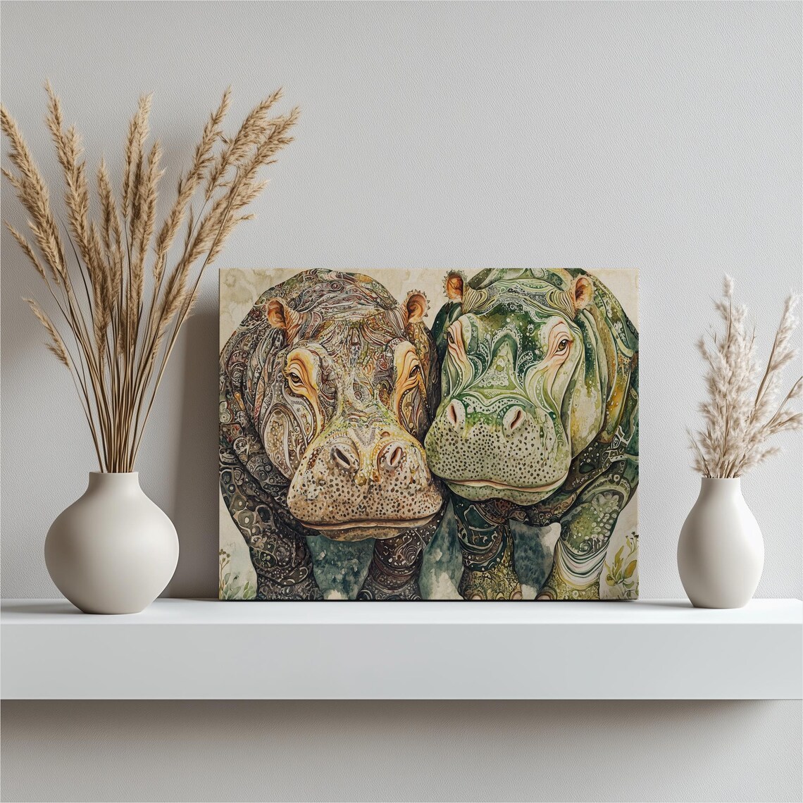 Majestic Hippopotamus Animal Art Print, Intricate Wildlife